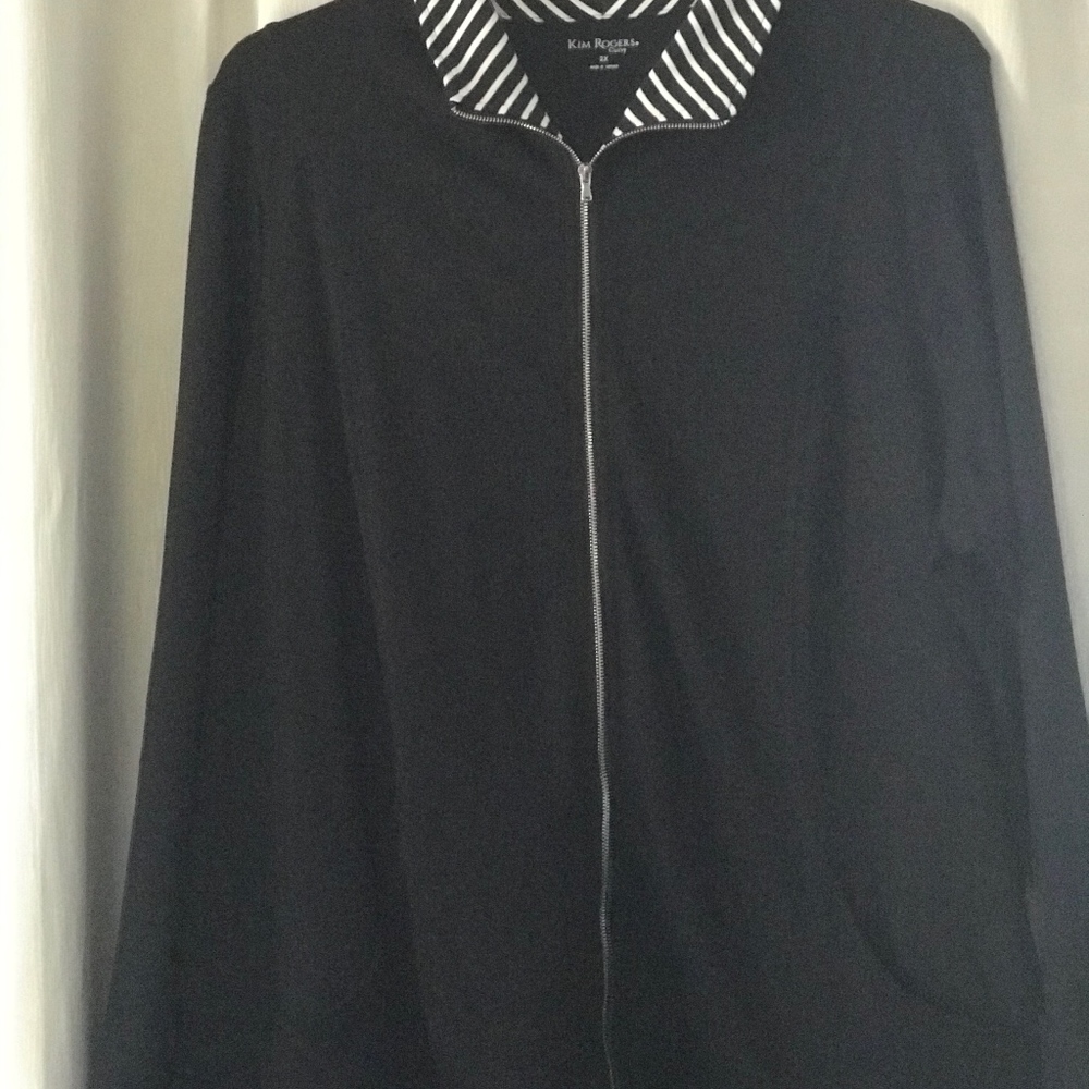 Blazer that is black, zipped front.